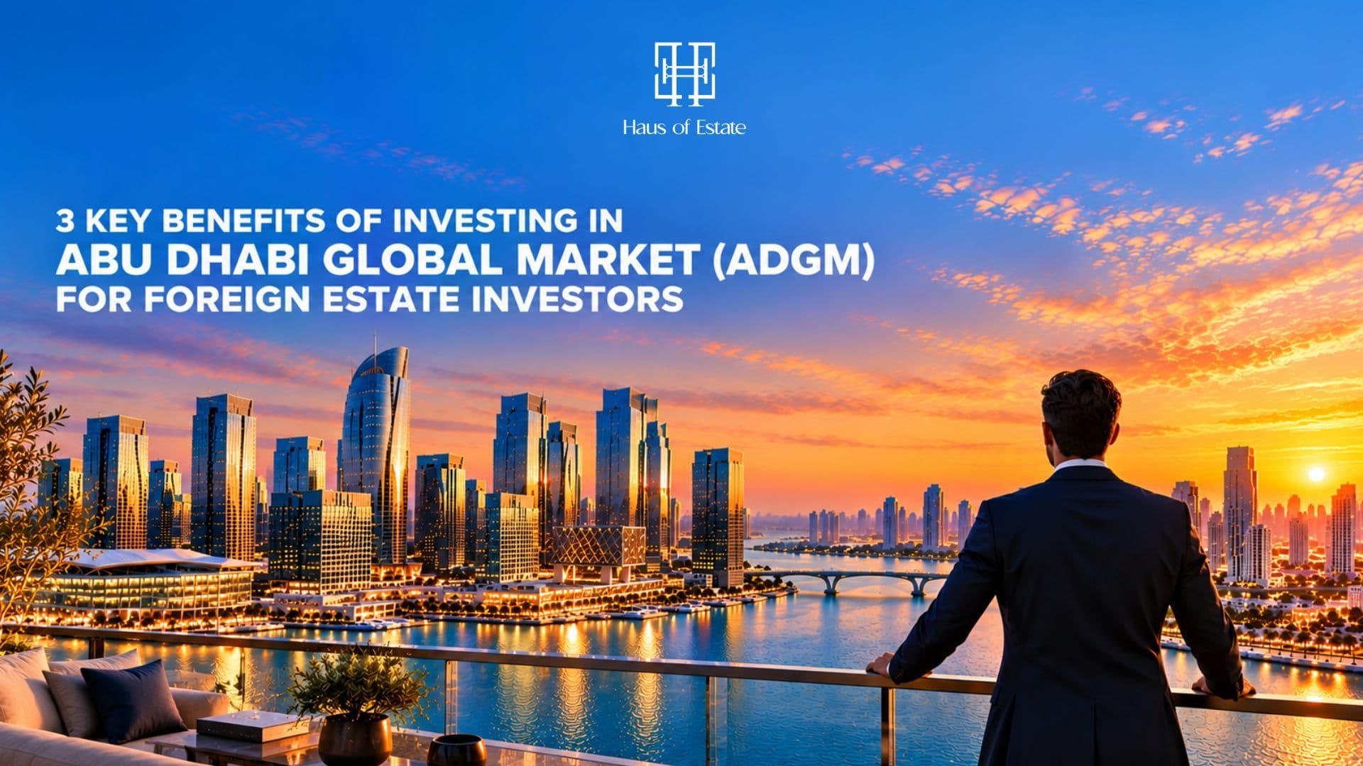 A man in a suit overlooking the Abu Dhabi skyline at sunset, with promotional text for Haus of Estate on investing in ADGM.